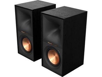 Deux enceintes Klipsch R-50PM noires, vue de face, en position verticale, caissons en bois avec haut-parleurs apparents