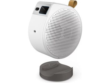 Benq GV50 silindriline kallutatud projektor, ümmargune perforeeritud pind, ristkülikukujuline objektiiv, beež rihm, hall eemaldatav alus
