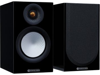 Enceinte bibliothèque Monitor Audio Silver 50 7G black gloss, vue de face et de côté, tweeter et haut-parleur médium/grave