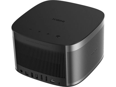 XGIMI Horizon must videoprojektor ülaltvaates, valge logo, perforeeritud ventilatsioonirest, juhtnupud