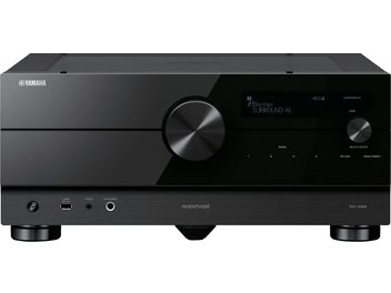 Ampli home-cinéma Yamaha RX-A8A noir, vue de face, affichage LED bleu, boutons et molettes sur la façade, ports à l'arrière