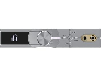 Front face of an iFi Audio Neo iDSD 2 audio DAC converter, buttons, OLED screen, headphone jack, aluminum