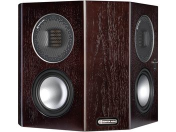Monitor Audio Gold FX G5 diffusore posteriore in noce, vista frontale, con altoparlanti circolari e griglie metalliche