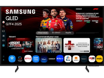 Samsung TQ65Q7F4 2025 sort højopløsnings-tv, flad QLED-skærm med smal plastikramme og to adskilte metalfødder, set forfra