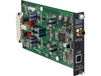 Scheda di espansione DAC-60, vista angolare, componenti elettronici vari, connettori coassiale, ottico, USB, testo bianco