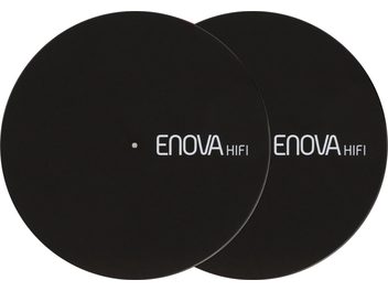 Black circular platter cover, top view, centered white "ENOVA HIFI" logo, small light spot near the center, 2 stacked units