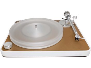 Platine vinyles hi-fi ClearAudio Pack Concept Edition Gold, vue de dessus, plateau transparent, bras de lecture argenté