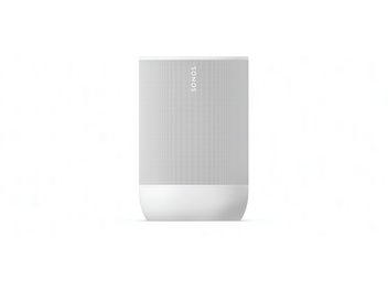 Enceinte Sonos Move 2 blanc, vue de face, grille perforée sur toute la surface avant, forme cylindrique arrondie