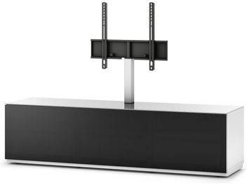 Meuble TV bas rectangulaire noir et blanc avec support TV intégré en métal noir, 2 portes et 1 tiroir