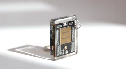 Un objet rectangulaire transparent avec un circuit imprimé noir et doré marqué "HIFIMAN HIMALAYA MAX", éclairé par une lumière directe