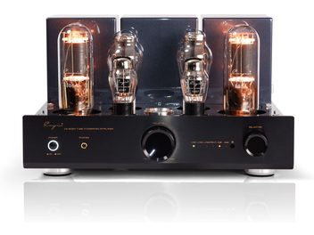 Cayin CS-805A black metal stereo tube integrated amplifier, front view, featuring four large illuminated glass tubes, brushed front panel with large central volume knob, selector knob, headphone jack, and indicator lights