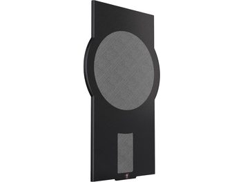 Griglia di protezione Perlisten R210s, vista a tre quarti, cornice nera, ampia area circolare in tessuto grigio, area rettangolare in tessuto grigio sotto, logo in basso