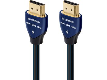 Two Audioquest BlueBerry 18Gbps 4K-8K 0.6m HDMI cables, gold-plated connectors, black jacket, positioned vertically