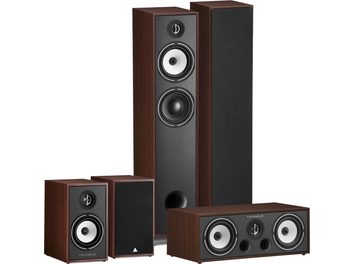 Pack d'enceintes colonnes Triangle Borea BR07 noyer, 5 enceintes en bois foncé, vue de face, différentes tailles