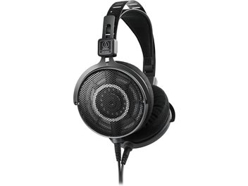 Sort, åbent, kablet hi-fi-hovedtelefon Audio Technica ATH-R70xa i plastik og metal, cirkulære ørekopper med bikubegitter, velourpuder, åbent hovedbånd med støttebånd, aftagelige kabler set i trekvart profil