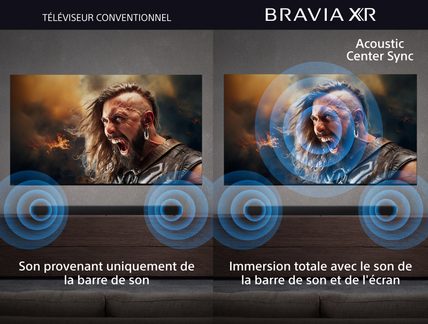 Montage comparatif en double vue de face montrant un téléviseur à écran plat noir en boîtier plastique et une barre de son cylindrique noire posée devant, sur fond gris, avec cercles concentriques bleus figurant la diffusion sonore