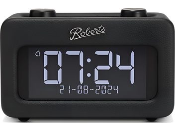 Ceas deșteptător de birou Roberts Revival Rest negru, carcasă dreptunghiulară din piele ecologică texturată, cu ecran digital mare și două roți de control pe partea superioară, vedere frontală