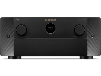 Preamplificatore home theater Marantz AV 10 nero, pannello frontale, display blu, grandi manopole rotanti in metallo, griglie perforate