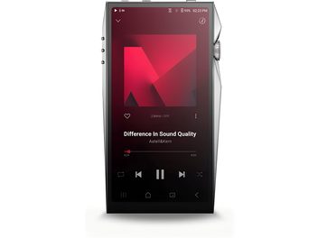 Astell&Kern SP4000 hõbedane audiofiilne pleier, hõbedane metallkorpus teravate joontega, suur servast servani puuteekraan, paremal küljel sälguline rullik ja vasakul küljel väikesed nupud, vaade eestvaates