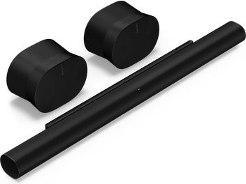 Barre de son Pack ARC Ultra + Era 300 noir mat, vue de dessus, 2 enceintes ovales noires, 1 barre longue cylindrique