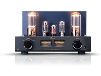 Cayin Jazz 100 black brushed aluminum stereo tube integrated amplifier, front view with six illuminated visible tubes, two orange backlit VU meters, two large circular knobs, and headphone jack