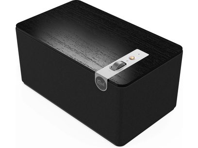 Klipsch The Three Plus trådlös högtalare svart, rektangulär, akustiskt tyg, träfront, metallknappar
