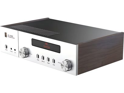 Ampli hi-fi stéréo JBL SA550 argenté, face avant avec boutons, prises et affichage numérique, vue de face