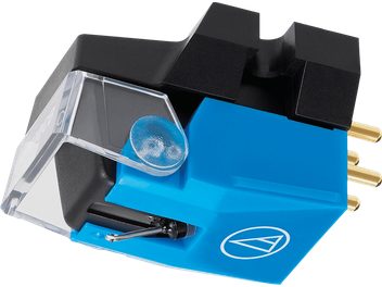 Cellule platine vinyles Audio Technica VM610MONO noire et bleue, vue de 3/4 arrière, avec diamant monté sur cantilever