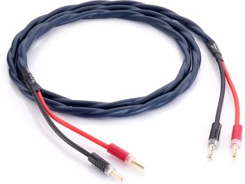 Högtalarkabel Inakustik Speaker 225 banan (2 x 3 m) i mörkblå plastmantel med flätad konstruktion, röda och svarta förgreningar med förgyllda metallbanankontakter, uppifrån vy