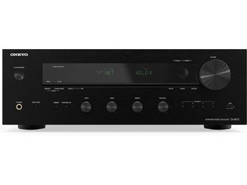 Ampli hi-fi stéréo Onkyo TX-8470, vue de face, boutons de commande, écran numérique, prises casque et USB, finition noire