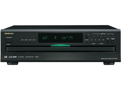 Lecteur CD haute-fidélité Onkyo DX-C390 noir, vue de face, écran numérique vert, boutons circulaires, tiroir central