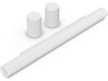 Barre de son Sonos Pack ARC Ultra + Era 100 blanc mat, vue en angle, 2 haut-parleurs cylindriques, surface lisse