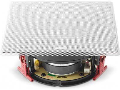 Enceinte encastrable Focal 300 ICW8, vue de dessous, grille blanche perforée, haut-parleurs noirs et rouges, fixations rouges