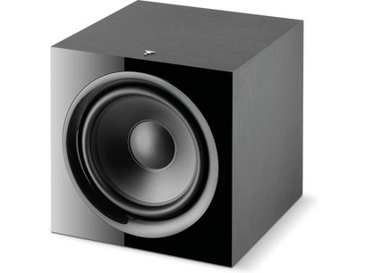 Caisson de grave Focal SUB 600P noir, vue de face, forme cubique, haut-parleur circulaire central, finition noire mate