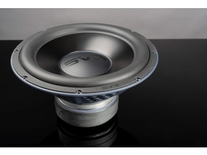SVS SB-2000 Pro black ash subwoofer, close-up front view, black cone in the center, gray metallic surround