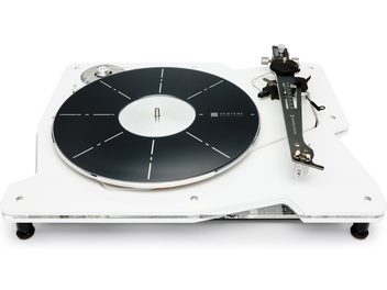 Platine vinyle hi-fi Vertere Acoustics Pack DGX Dark Sabre blanc, socle en acrylique blanc aux arêtes chanfreinées, plateau transparent sur tapis noir à repères radiaux blancs, bras de lecture noir à droite, vue de face légèrement plongeante