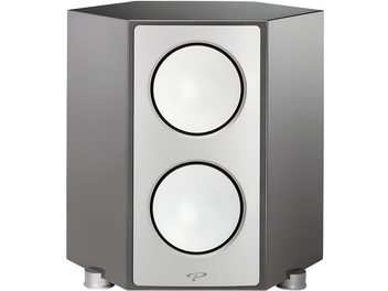 Paradigm Persona SUB central subwoofer in metallic gray with a satin finish, white front panel featuring two vertically aligned circular speakers and cylindrical feet, front view