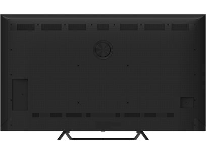 Panasonic TV-75W95BEG high-definition television in matte black plastic, rear view, large flat panel with upper and lower ventilation grilles, central bulging circle, and two angular metal feet