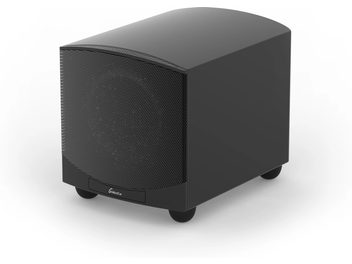 Caisson de grave GoldenEar Forcefield 30 noir satin, vue de face, forme cubique arrondie, grille noire en façade