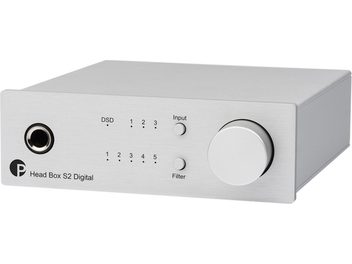 Preamplificatore per cuffie hi-fi Head Box S2 Digital, chassis rettangolare argentato, pannello frontale con presa jack, pulsanti e indicatori