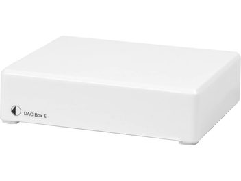 Pro-Ject Dac Box E white audio DAC converter, glossy white rectangular enclosure, slightly angled top view, "DAC Box E" logo on top