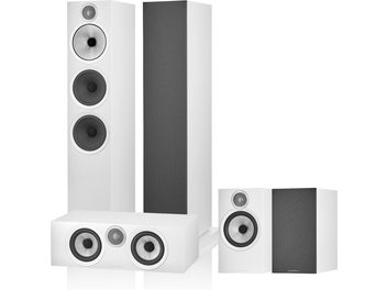 Pack d'enceintes colonnes Bowers & Wilkins 603 S3 blanc composé de 3 enceintes blanches de différentes tailles, vue de face