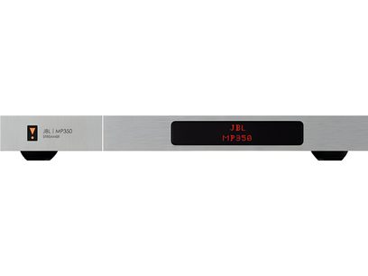 JBL MP350 tīkla audio atskaņotājs no slīpēta alumīnija, skats no priekšpuses, sarkana LED displeja "MP350", vadības pogas