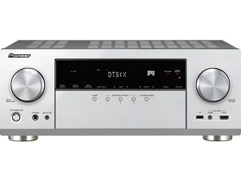 Amplificator home cinema Pioneer VSX-LX305 argintiu, panou frontal argintiu, numeroase butoane, ecran mare negru central