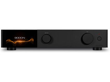 Lecteur audio réseau Audiolab 9000N noir avec écran affichant "9000N" et une onde orange, deux boutons circulaires et un pied visible