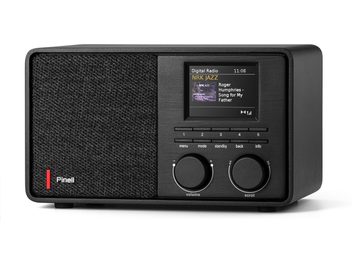 Pinell of Norway Supersound 201W digital bordradio i mat sort metal kabinet, venstre højttaler dækket af sort stof med logo og rød stribe, højre panel med kvadratisk farvedisplay, fem vandrette knapper og to store drejeknapper, set forfra
