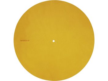 Bringhs yellow turntable platter cover, circular, top view, smooth surface, central hole, visible Bringhs inscription