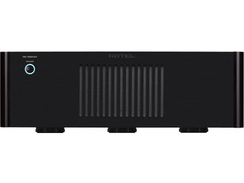 High-fidelity power amplifier Rotel RB1552 MKII black, front view, vertical central grille, illuminated circular button on the left