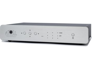 Atoll DAC100 Signature silver audio DAC converter, front panel with connectors, display, and buttons, front view