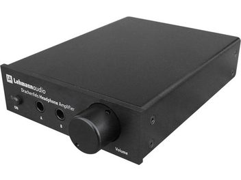 Preamplificatore per cuffie Lehmann Audio Drachenfels nero, case rettangolare in metallo, vista frontale, controlli e connettori